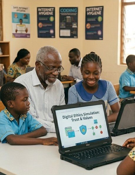 An elder and schoolchildren learning digital ethics together on a laptop in a Nigerian classroom